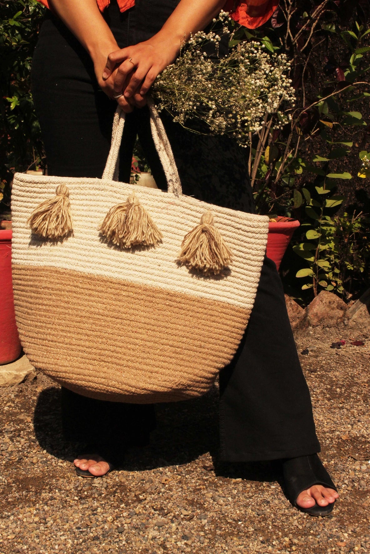 Large Jute Storage Basket Tote with Tassels