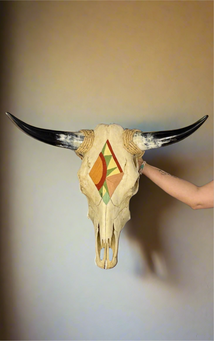 Western Sunrise - Thread Art in Beeswax - One-of-a-kind Real Cow Skull