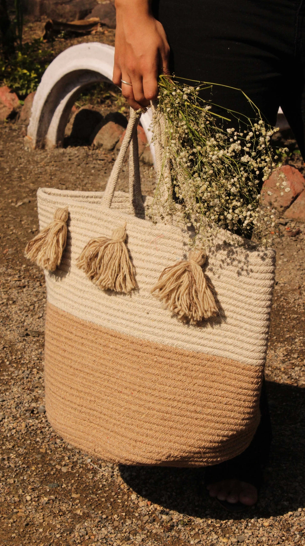 Large Jute Storage Basket Tote with Tassels