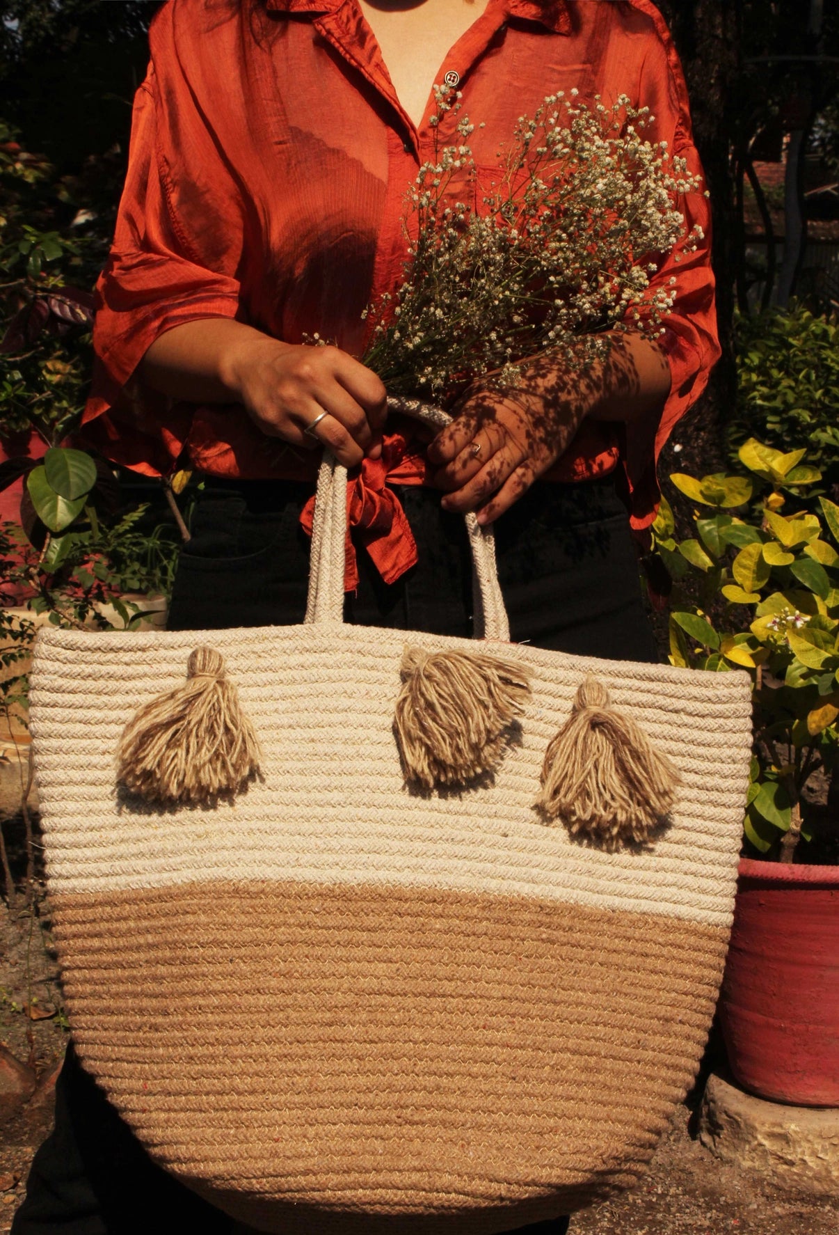 Large Jute Storage Basket Tote with Tassels