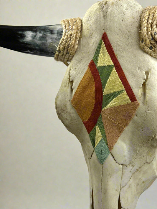 Western Sunrise - Thread Art in Beeswax - One-of-a-kind Real Cow Skull