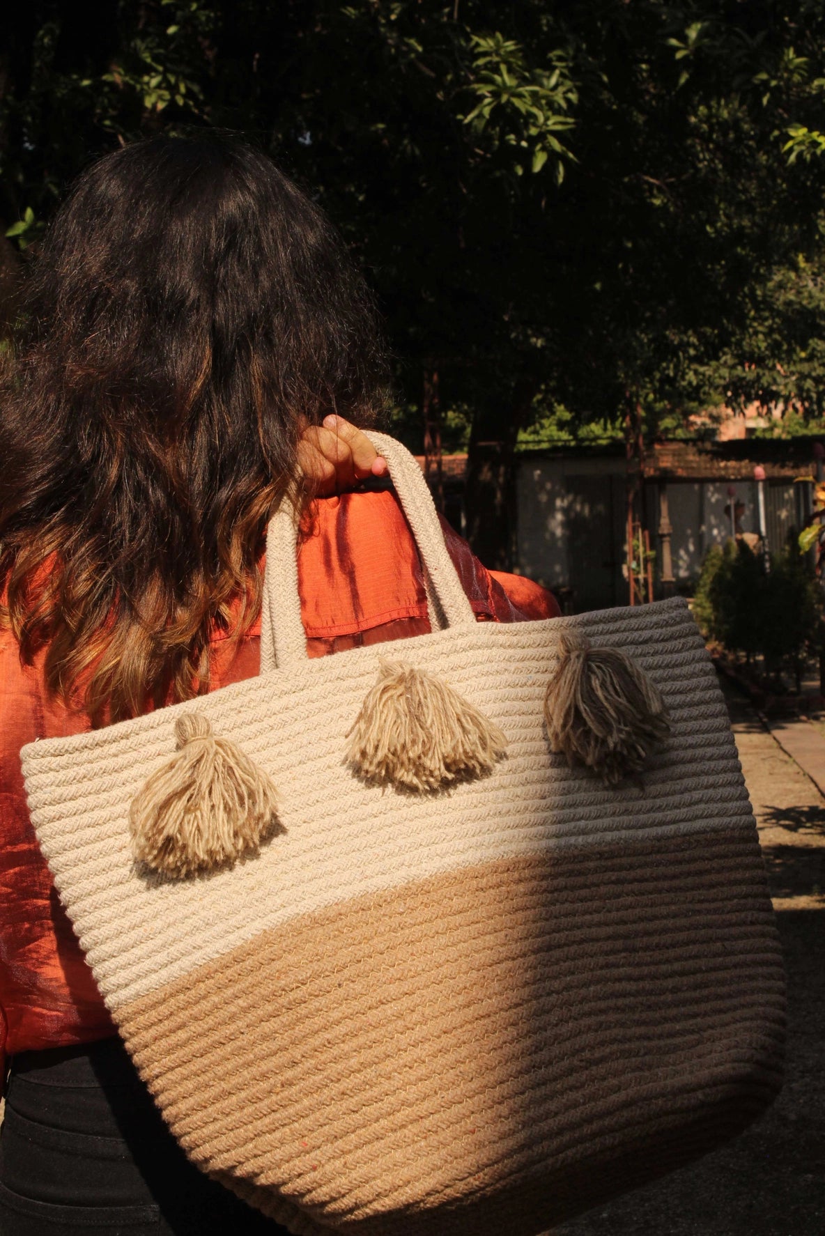 Large Jute Storage Basket Tote with Tassels